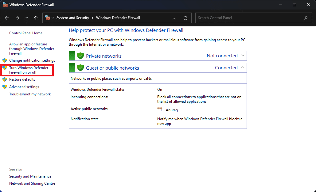 Turn Windows Defender Firewall On or Off